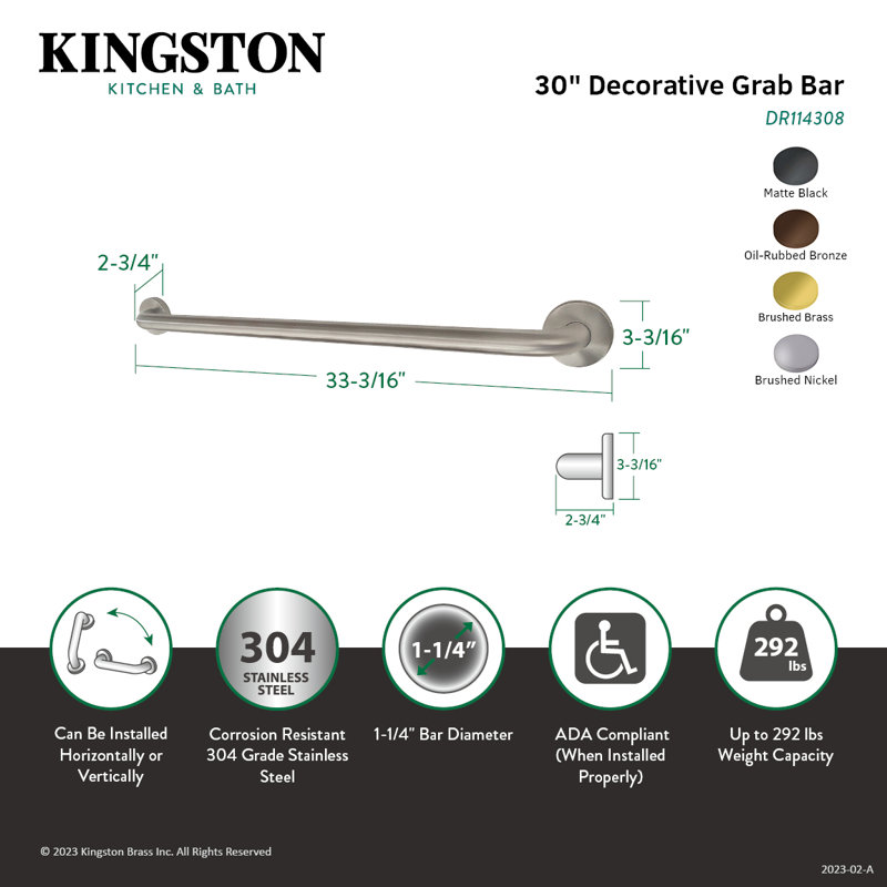 Kingston Brass Americana 1-1/4 Inch O.D Grab Bar, 30" W