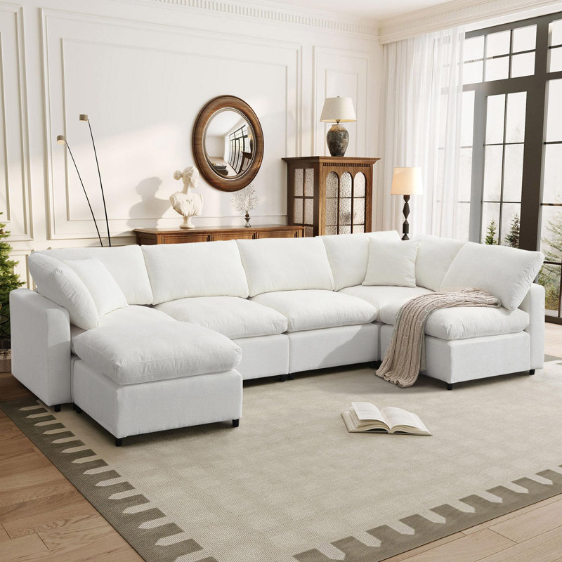 Canapé modulaire en chenille modulaire à 6 places en U avec repose-pieds 130 po Meadow, Chenille beige