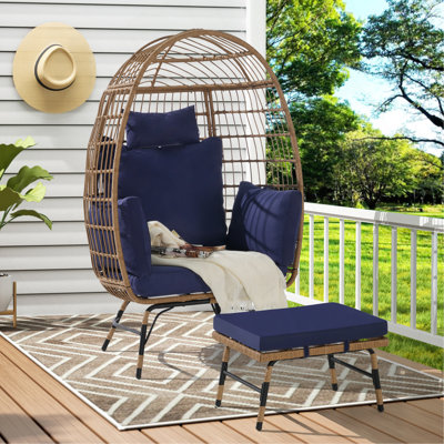 Fauteuil à œufs en osier, fauteuil à œufs en rotin pour l'intérieur et l'extérieur, grand fauteuil surdimensionné de 600 lb avec repose-pieds et coussins épais pour le porche, la cour arrière et le balcon