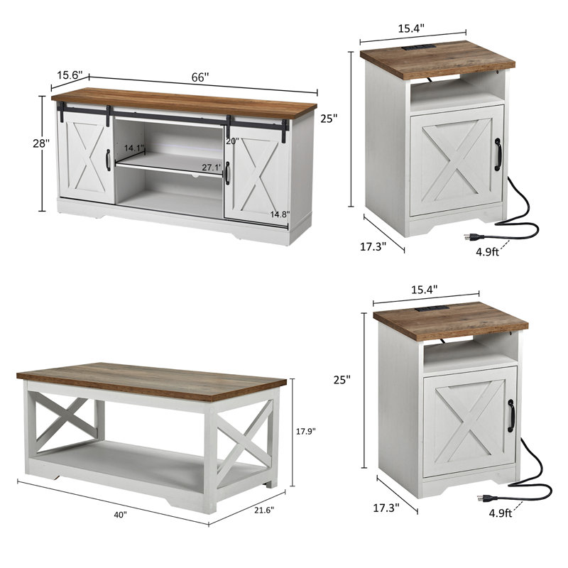 Chiara Farmhouse Coffee Table Set, TV Stand, Coffee Table anf 2 End Tables, White