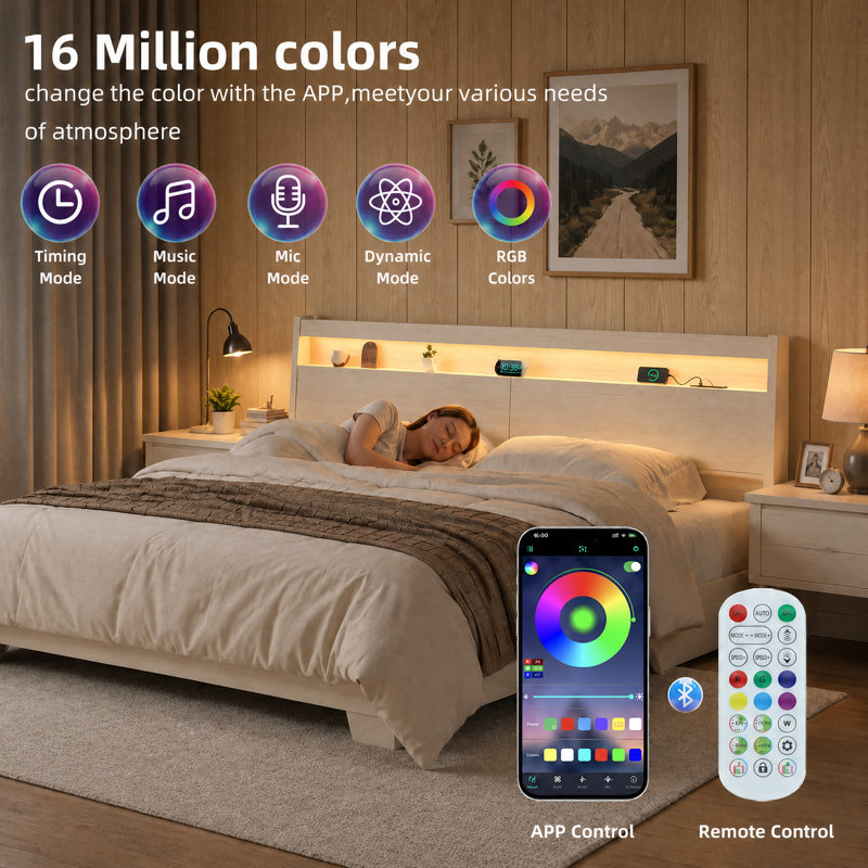 King Size Headboard with LED Lights, Storage Compartment & Built-in Charging Station, White Wood Grain Modern Headboard Only for Bed with RGB Ambient Light, Remote & App Control