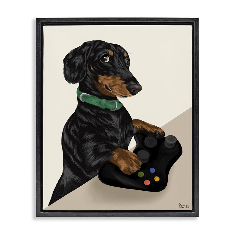 «Gamer Dachshund Dog» par Tara Royle, Cadre flottant noir de jais, H 21 po x l 17 po