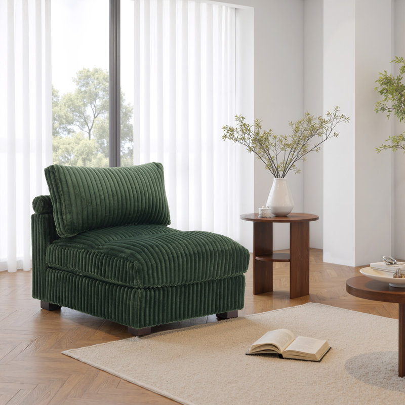 Upholstered Faux Rabbit Fur Flannel Armless Chair with Pillow Back, Single Chair Module Part For Sectional Sofa, Green