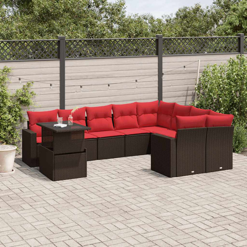  Ensemble de canapé de patio 10 pièces avec coussins en rotin de polyester gris, Rouge, Brun