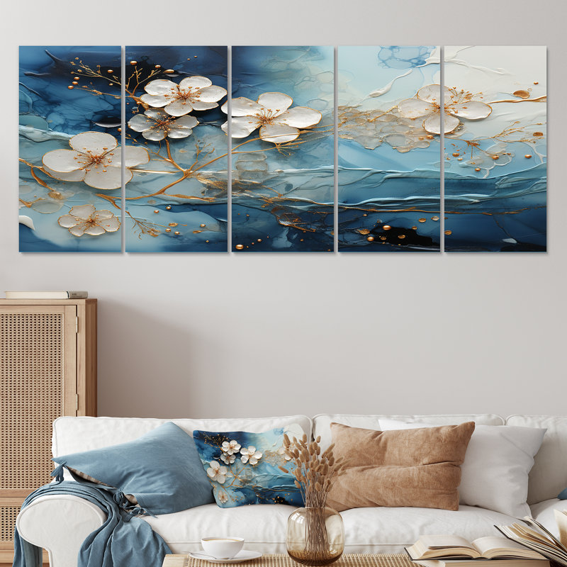 Encre liquide blanche et bleue II - Fleurs, art mural 5 pièces, H 32 po x l 80 po