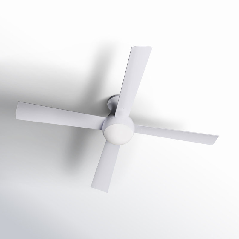 LED Flush Mount Ceiling Fan, Gloss White, White, Wall Control with Remote Handset (2-wire)