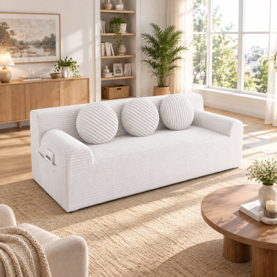 Canapé 2 places en velours côtelé blanc crème, 180 cm, avec assise profonde, coussins et poches latérales, sans assemblage