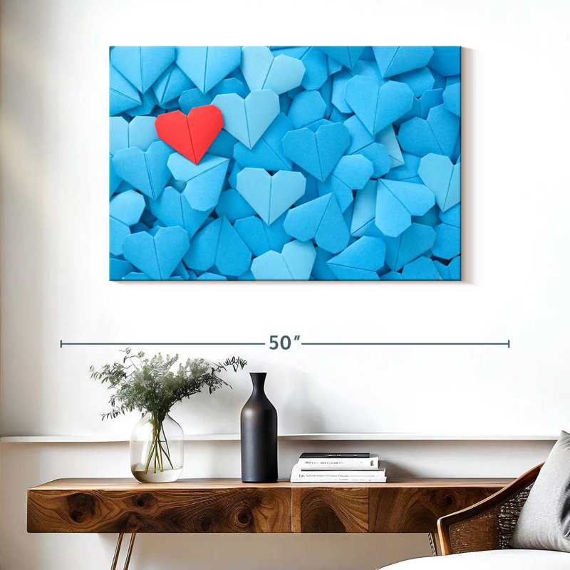 Hardie cœurs d'origami rouge et bleu, H 26 po x l 39 po