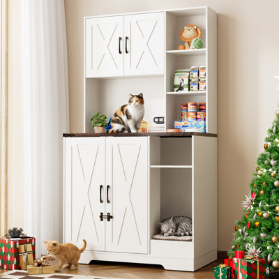 Enceinte de litière pour chat de 71 po de hauteur avec prises de courant, serrures et tablettes ouvertes, meubles de salle de bain cachés en bois pour animaux de compagnie avec cabinet et chats d'intérieur pour le salon et la chambre à coucher