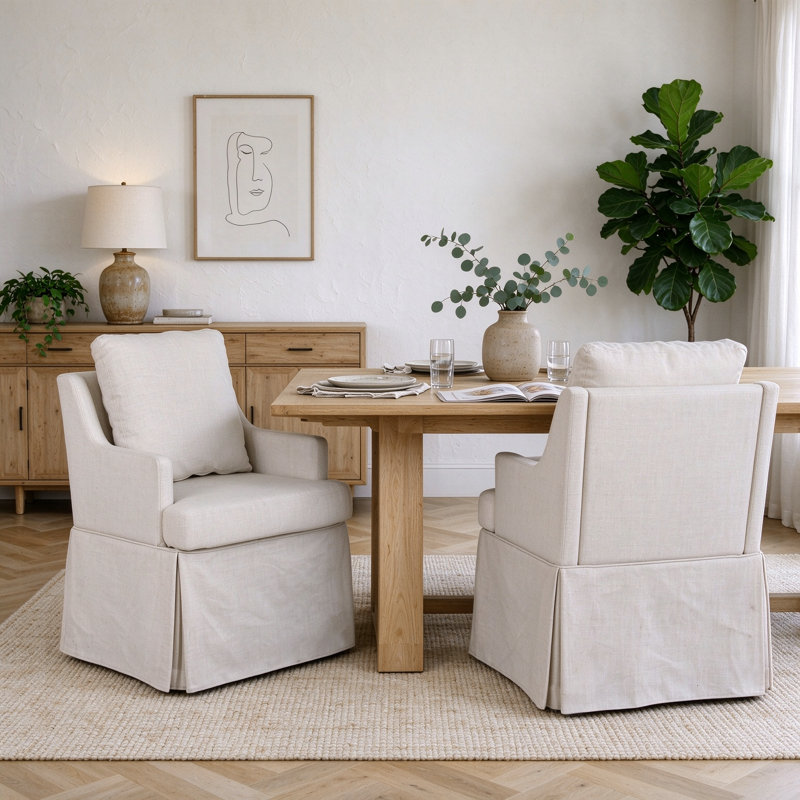 Fauteuil de salle à manger rembourré à jupe avec roulettes pour salle à manger, salon et chambre à coucher, Beige