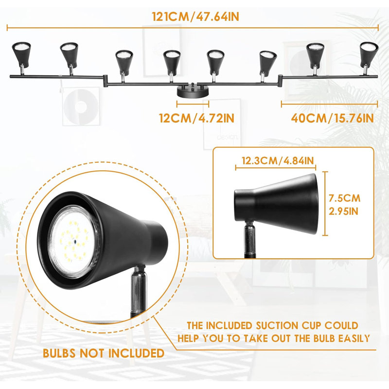 Luminaire sur rail flexible noir mat - Spot de plafond pliable avec 8 têtes d'éclairage GU10 réglables, 4 bras pivotants, à intensité variable, pour le salon de la cuisine (ampoules non incluses)