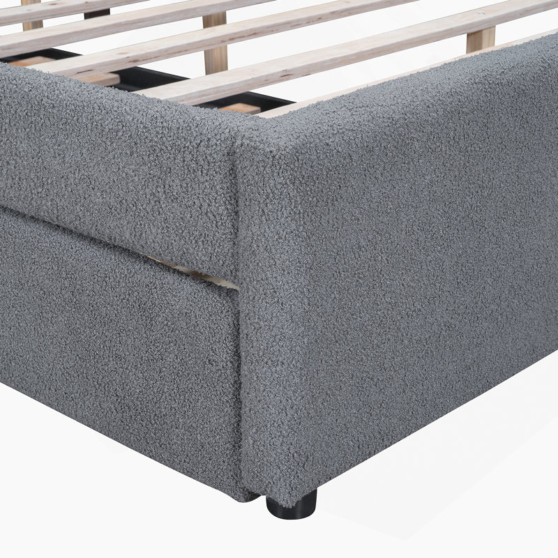 Lit plateforme tapissier avec lit gigogne, Gris, Grand lit