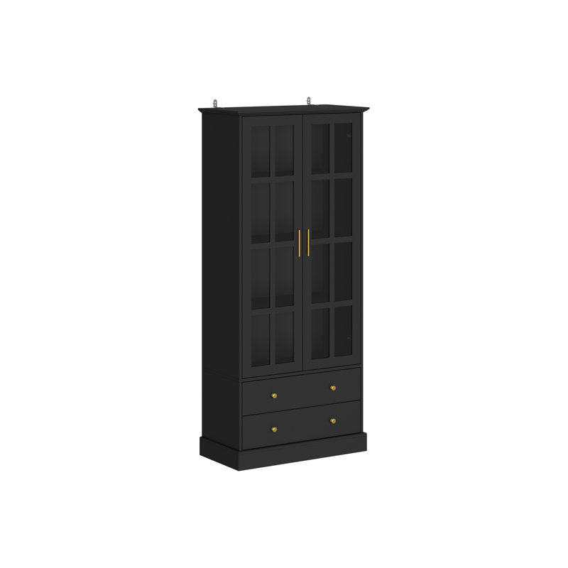 70''H Bookcase With Drawers And Glass, Black