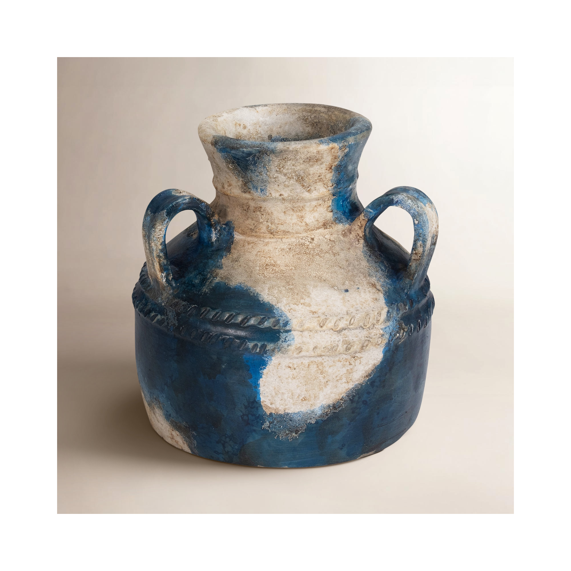 Tenney Terracotta Table Vase, Blue/Beige, 12" H x 13" W x 13" D