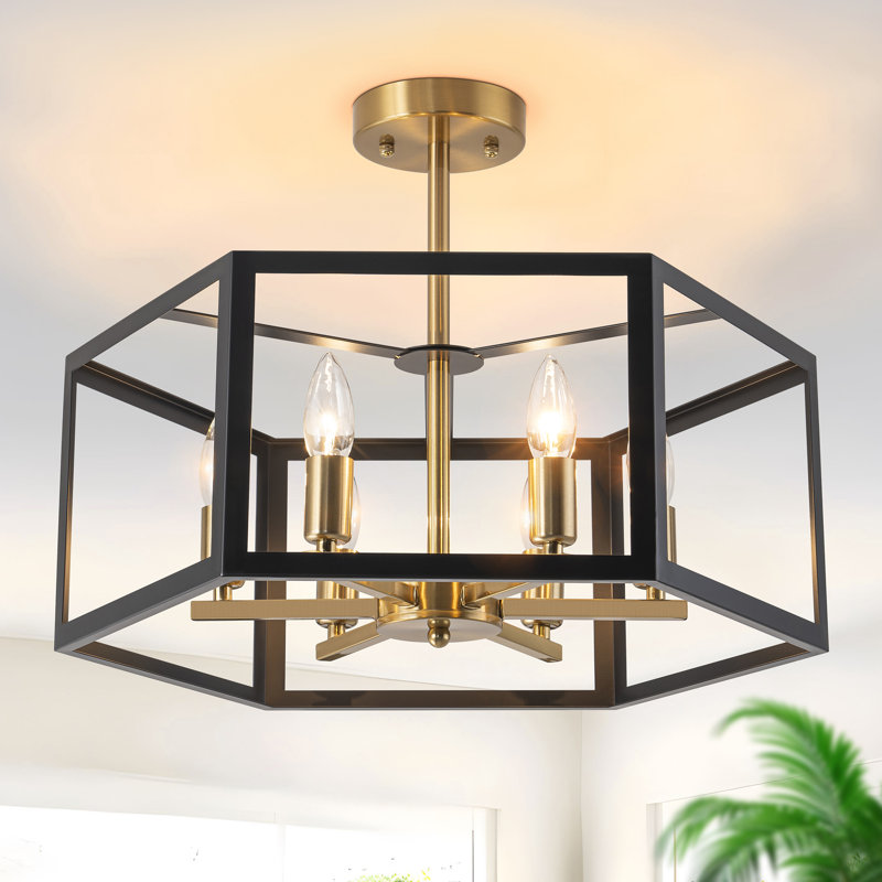 6-Light Industrial Lantern Semi Flush Mount Ceiling Light Candle Style Gold And Black Finish Geometric Cage Dining Light