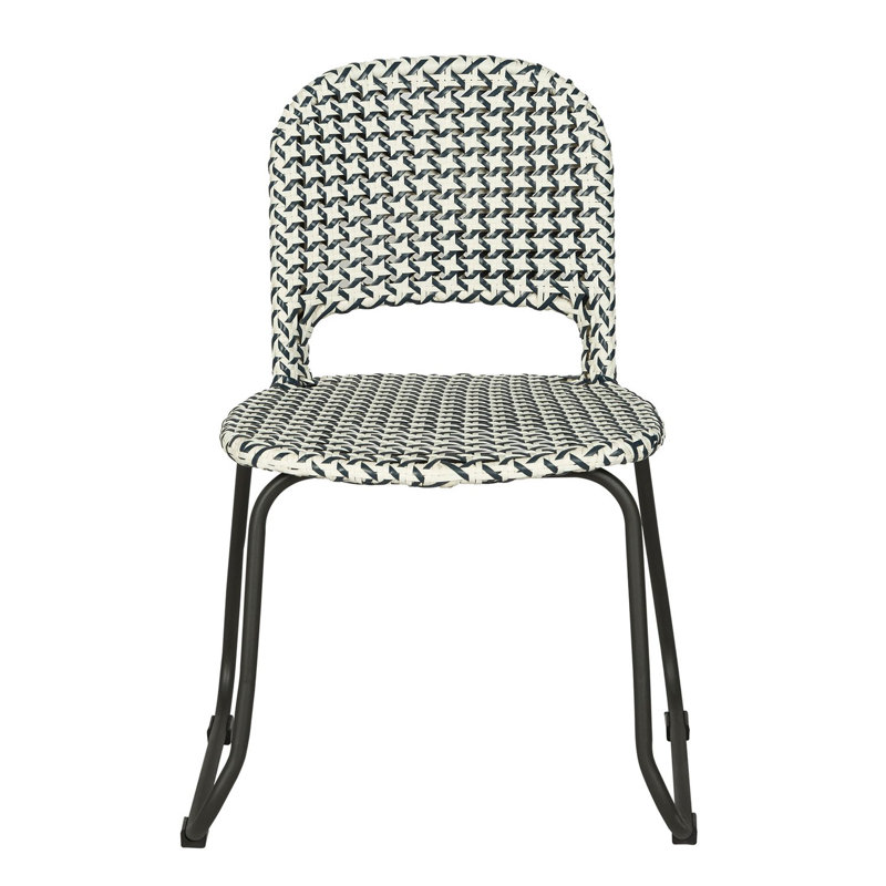 Luna Woven Rattan Outdoor Side Chair, Blue/White Seat/Black Frame
