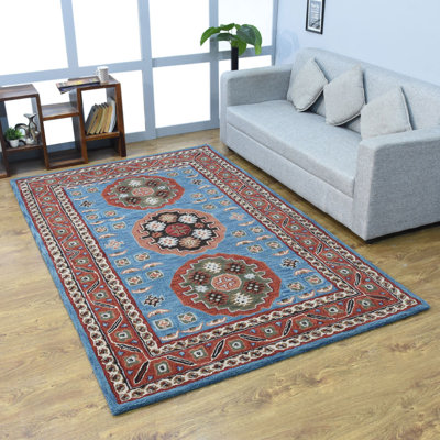 HAND TUFTED WOOL ECO-FRIENDLY AREA RUGS - Rectangle | Light Blue Red | Classic Oriental Traditional Design, High Pile Thick Handmade Anti Skid, living room decor