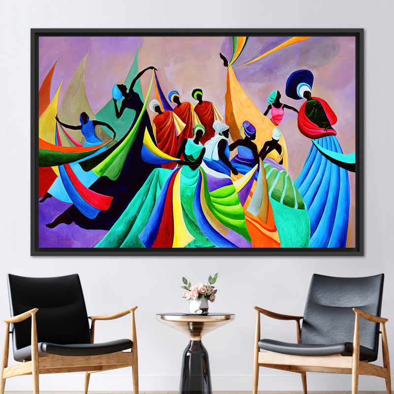 African Woman Canvas Art - Modern Abstract Colorful Dancers Printed on Background, Framed Print without Mat, Black