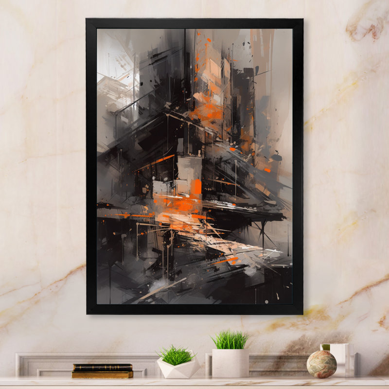 Tapisserie architecturale noire et orange, reproduction sur toile, Cadre photo noir, H 20 po x l 12 po x P 1 po