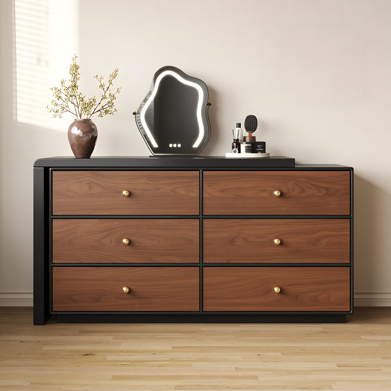 Modern Vanity Desk with 6 Drawers and Rotatable Extension Table, Walnut Finish