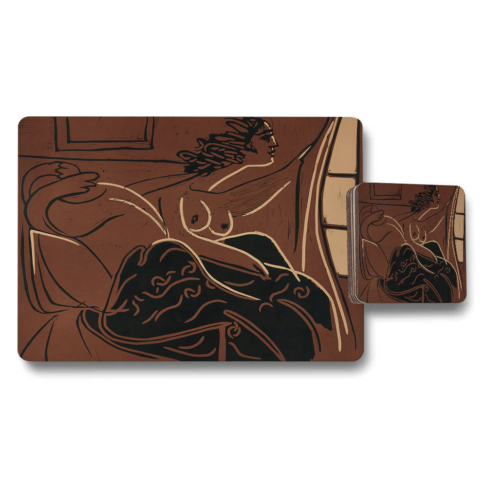 Brown Art Deco Reclining Nude Placemat and Coaster Set