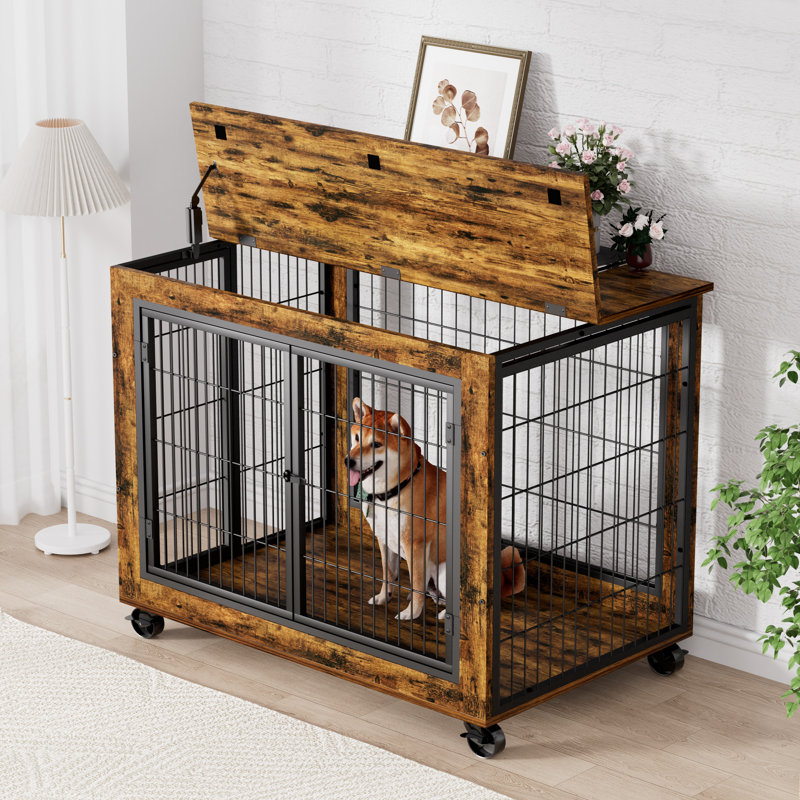 Grande cage pour chien de style meuble, table de bout pour chenil avec trois portes, H 27 po x l 39 po x P 25 po, Brun