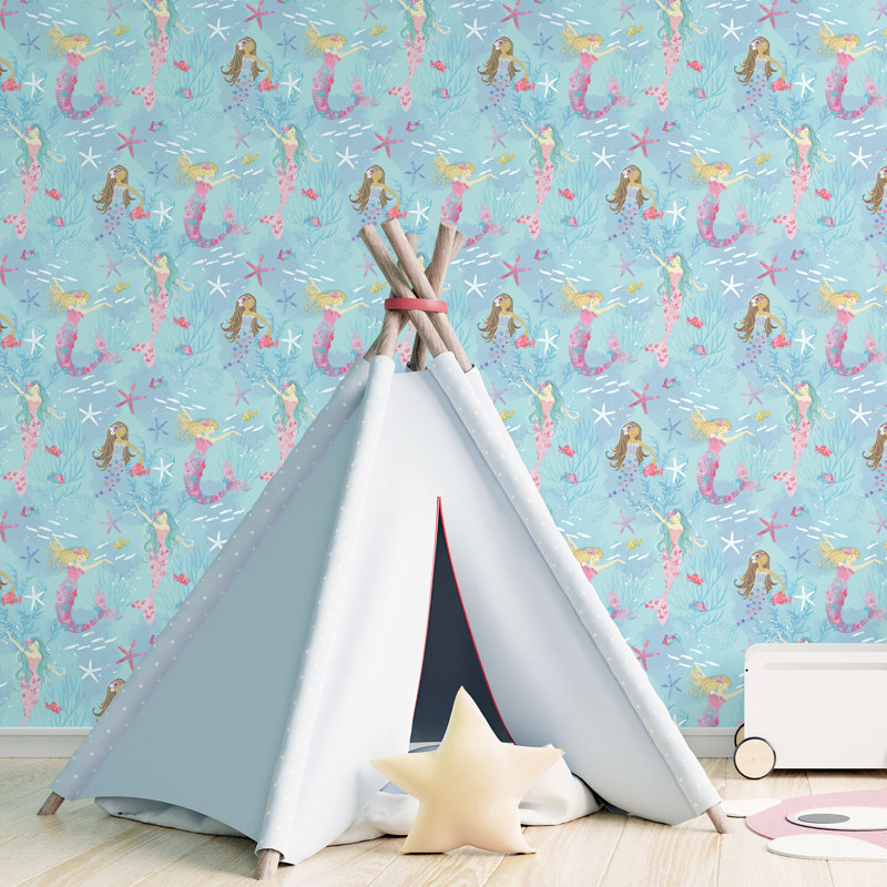 Tiny Tots 2 Glittery Mermaids Design 33' L x 21" W Wallpaper Roll, Turquoise/Hot Pink