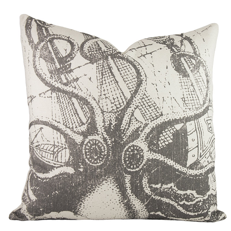 Octopus Cotton Blend Reversible Throw Pillow, Gray