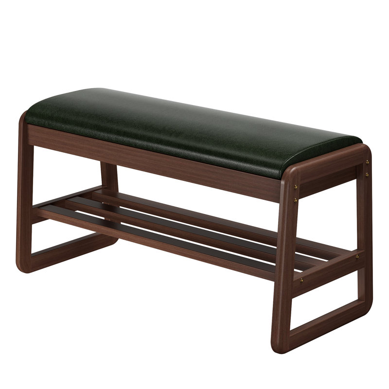 Banc à chaussures avec rangement caché, banc d'entrée en bois d'hévéa massif à 2 niveaux avec siège rembourré en cuir souple et rangement rabattable, capacité de 330 lb, range-chaussures en bois pour couloir, placard, vestibule