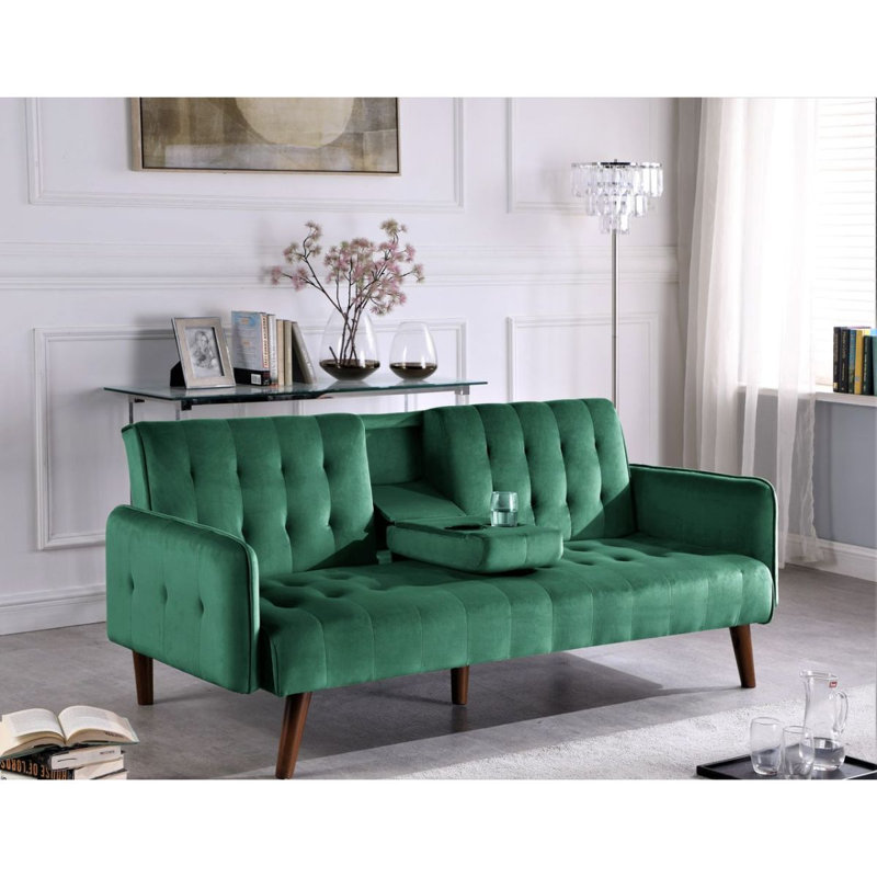 Canapé-lit de 72 po - Dossier convertible pliant en lit double avec porte-gobelet et table rabattable - Canapé en lin compact pour petits espaces - Assemblage facile - vert