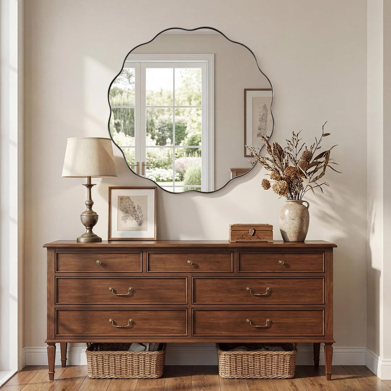 Contemporary Round Wavy Mirror Circle Bathroom Vanity Mirror | Stainless Steel Frame, Brushed Nickel, 36" x 36"