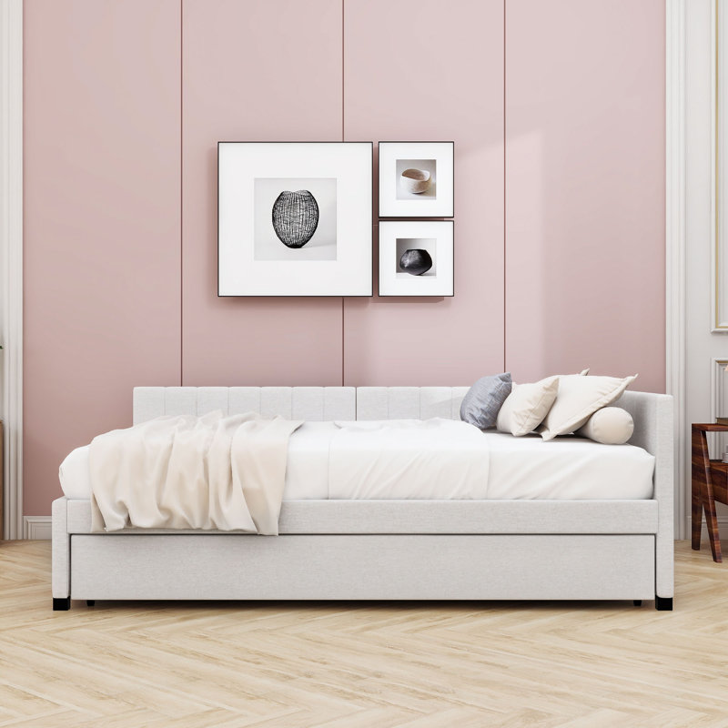 Upholstered Sofa Daybed with Trundle, Beige, Full