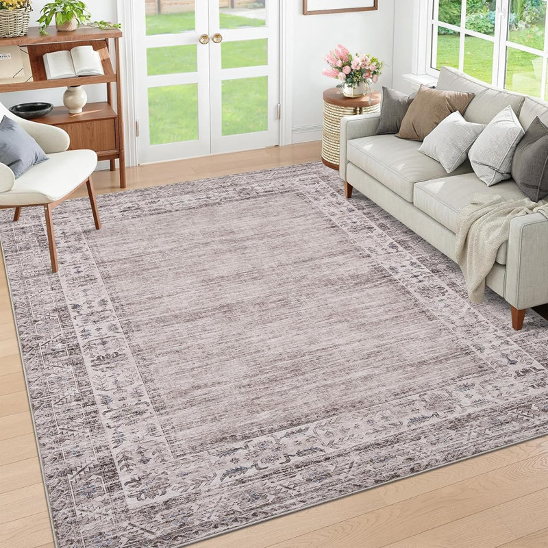 Washable Vintage Border Rug Non-Slip Low Pile Stain-Resistant Boho Throw Carpet for Kitchen Hallway Living Room Bedroom Taupe/Brown.