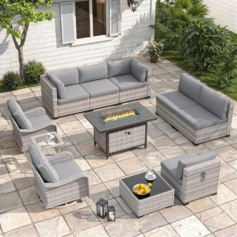 8 - Person Outdoor Rattan Furniture Patio Set with Fire Pit Table, Gray