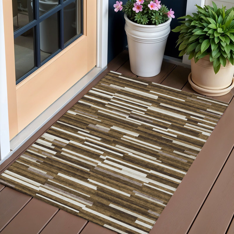 Tapis intérieur lavable rayé brun et ivoire 3 pi x 5 pi