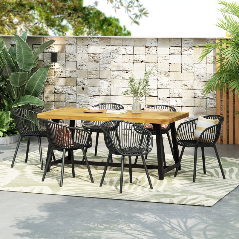Malachi Outdoor Wood & Plastic 6-Seater Dining Set, Black