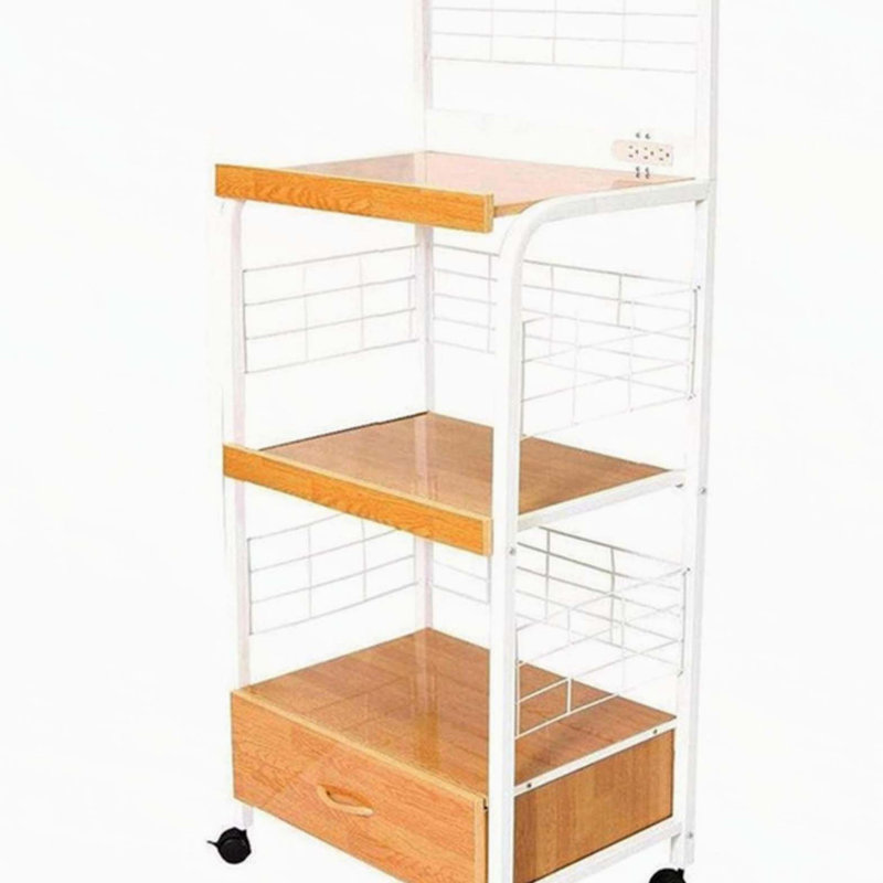 Chariot de cuisine 59,5 "à 4 niveaux avec tiroir et prise de courant, Blanc