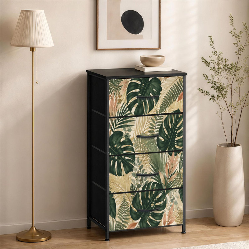Commode 4 tiroirs pour chambre à coucher vert doré feuilles tropicales blanches Style sans couture Hawaii Botanical Small