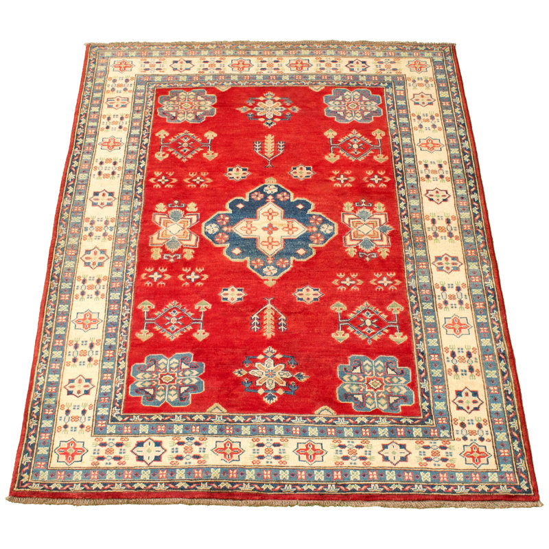 Tapis unique en laine noué à la main jaune et rouge Gazni des années 2010 de 5 pi 2 po x 6 pi 10 po Qaiden