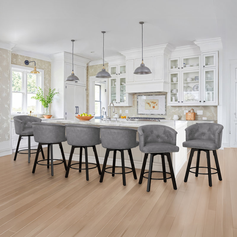 Swivel Counter Stool With Upholstered Seat And Metal Frame,Set Of 6, Gray