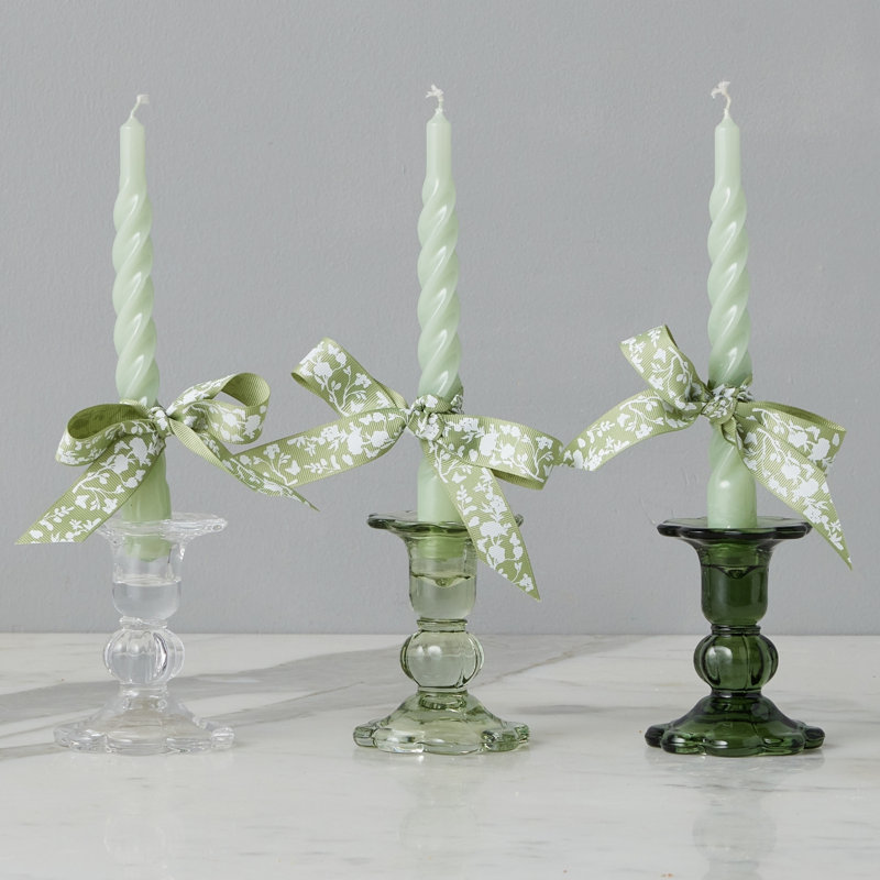 Glass Scalloped Candlesticks, Clear/Sage/Spruce