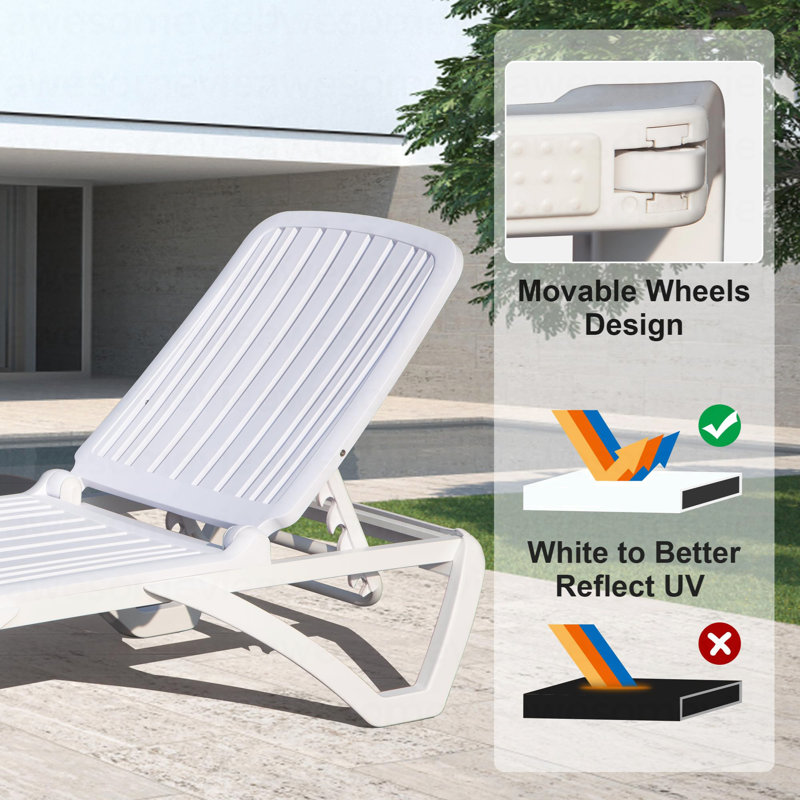 Outdoor Chaise Lounge, Pool Lounge Chair Plastic Adjustable Recliner In-Pool Lounger Tanning Lounge Chair With Table For In-Pool, Beach, Poolside, Lawn, White