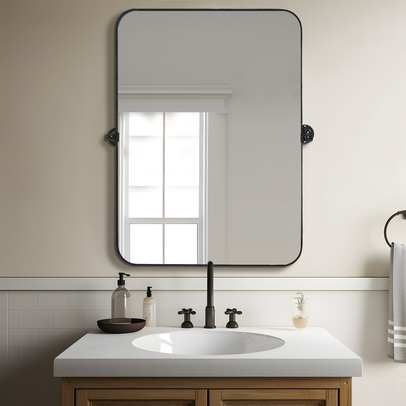 Qualls 24" Makeup Mirror, Black, 32" H x 24" W