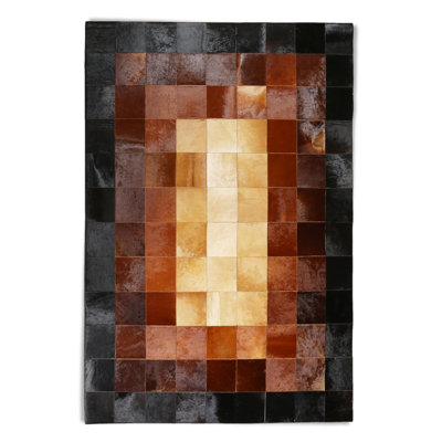 Checkered Cowhide Patchwork Rug In Black & Brown With Geometric Design For Modern Western Decor10 X 14 Ft