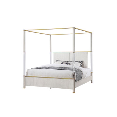 Très grand lit à baldaquin contemporain avec poteau en acrylique et décoration dorée, couleur principale chêne, revêtement, bois massif et matériau, 85 po de profondeur, 80 de large, 60 de haut, 244,2 lb de lourd