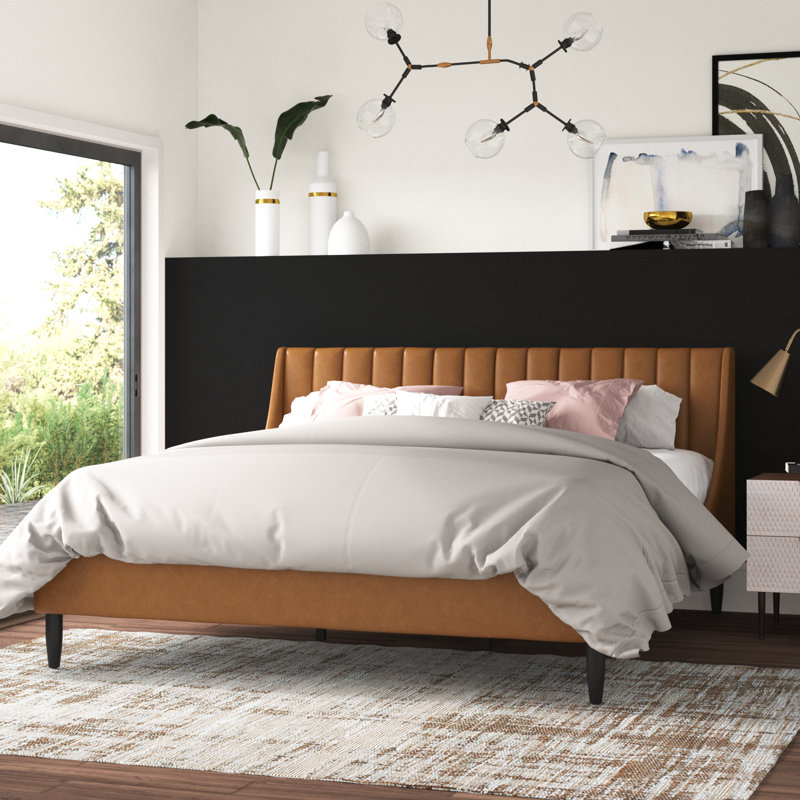 Lit plateforme tapissier Helaina, Grand, Similicuir brun clair caramel