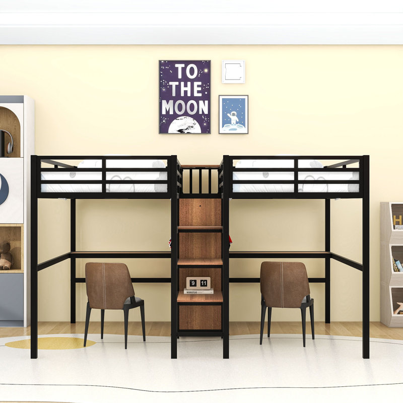 Twin & Twin Metal Loft Bed With Double Desk, Wardrobe, Shelves, Charging Station And Guardrails, Woodgrain