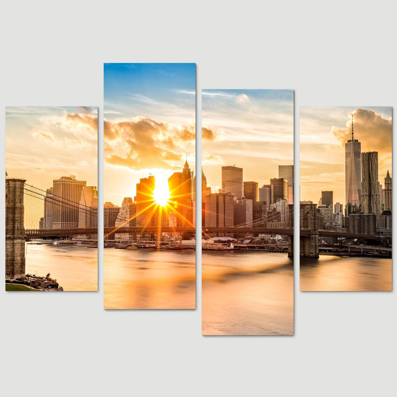 Architecture, lever de soleil, pont de Brooklyn, paysage urbain, salon, chambre à coucher, bureau à domicile, très grande décoration murale sur toile, ensemble de 4 pièces