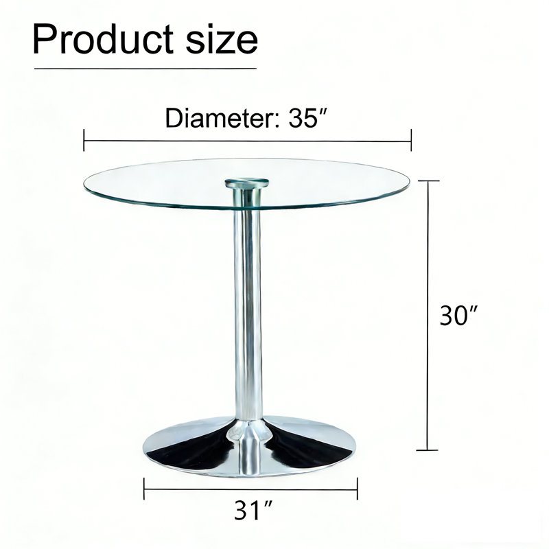 Modern 35'' Round Tempered Glass Top Pedestal Dining Table, Silver