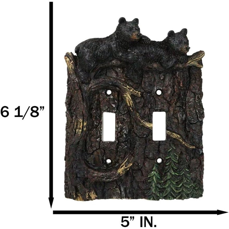 Set Of 2 Rustic Forest Black Bears Climbing Tree Double Toggle Switch Covers